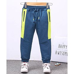 Babyhug Full Length Cotton Looper Track Pant With Zipped Side Pockets - Blue Green