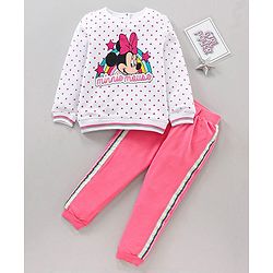 Babyhug Cotton Full Sleeves Top & Lounge Pant Set Dot & Minnie Mouse Print- White Pink
