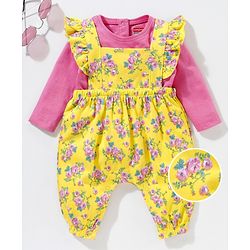 Babyhug Dungaree Style Romper with Full Sleeves Tee Floral Print - Yellow Pink