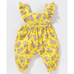 Babyhug Dungaree Style Romper with Full Sleeves Tee Floral Print - Yellow Pink