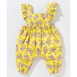 Babyhug Dungaree Style Romper with Full Sleeves Tee Floral Print - Yellow Pink
