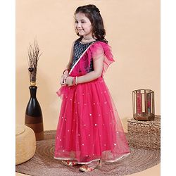 Babyhug Sleeveless Sequin Choli with Lehenga and Dupatta  - Blue Pink