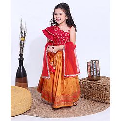 Babyhug Flutter Sleeves Sequinned Choli & Lehenga With Dupatta Floral Print - Red Yellow