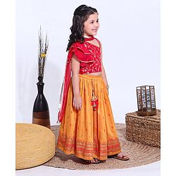 Babyhug Flutter Sleeves Sequinned Choli & Lehenga With Dupatta Floral Print - Red Yellow