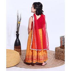 Babyhug Flutter Sleeves Sequinned Choli & Lehenga With Dupatta Floral Print - Red Yellow