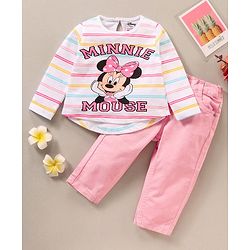 Babyhug Full Sleeves Striped Top & Pant Set Minnie Mouse Print- Pink