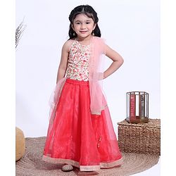 Babyhug Sleeveless Embroidered Choli & Net Lehenga with Dupatta - Coral