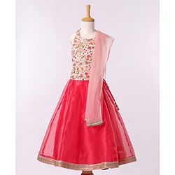 Babyhug Sleeveless Embroidered Choli & Net Lehenga with Dupatta - Coral