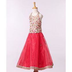 Babyhug Sleeveless Embroidered Choli & Net Lehenga with Dupatta - Coral