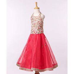 Babyhug Sleeveless Embroidered Choli & Net Lehenga with Dupatta - Coral