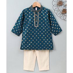 Babyhug Full Sleeves Printed Kurta & Pyjama - Blue Cream