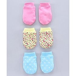 Babyhug 100% Cotton Mittens Solid Floral Printed Pack of 3 - Pink Yellow Blue