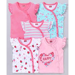 Babyhug 100% Cotton Short Sleeve Vests Strawberry Print Pack of 5 - Blue White Pink