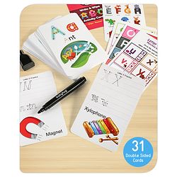 Babyhug Little Gems Jumbo Alphabets Write N Wipe Double Sided Activity Flash Cards with Excercise Book - 31 Pieces