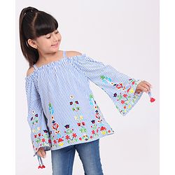 Babyhug Cold Shoulde Stripe Top Floral Print - Blue