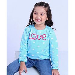 Babyhug Full Sleeves Sweatshirt Text Embroidery & Frill Detailing - Blue