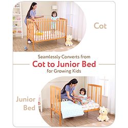 Babyhug Malmo Wooden Cot with 3 Level Height Adjustment & Plug and Play Assembly - Natural| Solid Pinewood| Convert to Junior Bed| Smooth Edges