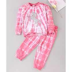 Babyhug Full Sleeves Tee & Lounge Pant Sequinned Unicorn Embroidery - Pink White