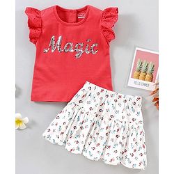Babyhug Short Frill Sleeves Top and Skirt Set with Sequins Floral Print - Red White