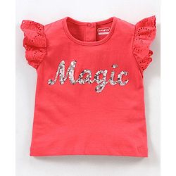Babyhug Short Frill Sleeves Top and Skirt Set with Sequins Floral Print - Red White