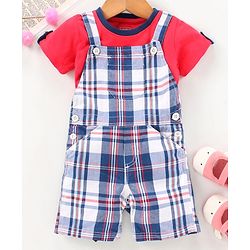 Babyhug Half Sleeves Tee and Dungaree Set Checks - Red