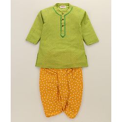Babyhug Full Sleeves Kurta & Printed Dhoti - Green Yellow