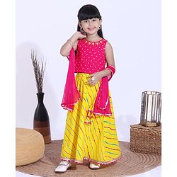 Babyhug Sleeveless Sequined Choli and Striped Lehenga with Lace Border Dupatta - Pink Yellow
