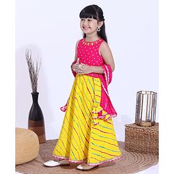 Babyhug Sleeveless Sequined Choli and Striped Lehenga with Lace Border Dupatta - Pink Yellow