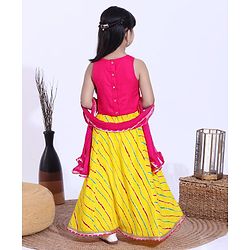 Babyhug Sleeveless Sequined Choli and Striped Lehenga with Lace Border Dupatta - Pink Yellow