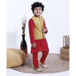 Babyhug Full Sleeves Kurta and Pyjama Set With Waistcoat - Maroon