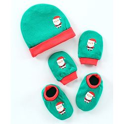 Babyhug 100% Cotton Cap Mitten & Booties Set Green - Diameter 9.5 cm