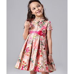 Babyhug Half Sleeves Party Wear Frock Floral Print - Pink