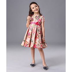 Babyhug Half Sleeves Party Wear Frock Floral Print - Pink