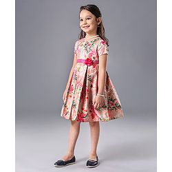 Babyhug Half Sleeves Party Wear Frock Floral Print - Pink