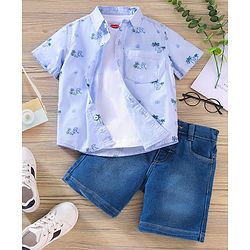 Babyhug Half Sleeves Shirt & Tee With Denim Shorts Cheetah Print - Sky & Dark Blue White