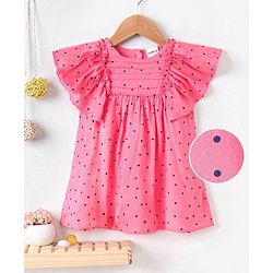 Babyhug Short Sleeves Knee Length Frock Dot Print - Pink