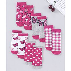 Cute Walk by Babyhug Cotton Blend Ankle Length Anti Bacterial Socks Multi Print Pack of 5 - Pink Grey White
