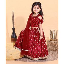 Babyhug Cold Shoulder Choli & Lehenga With Dupatta Sequin Detailing - Maroon