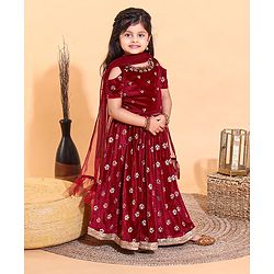 Babyhug Cold Shoulder Choli & Lehenga With Dupatta Sequin Detailing - Maroon