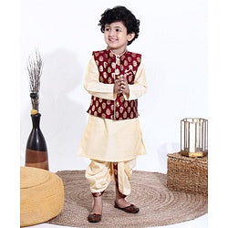 Babyhug Full Sleeves Kurta & Dhoti With Jacket Embroidery Detailing - Cream Maroon