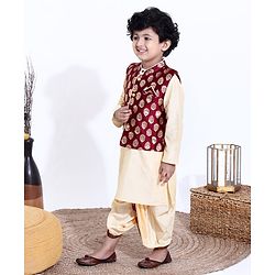 Babyhug Full Sleeves Kurta & Dhoti With Jacket Embroidery Detailing - Cream Maroon