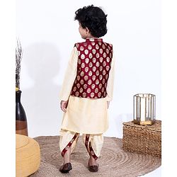 Babyhug Full Sleeves Kurta & Dhoti With Jacket Embroidery Detailing - Cream Maroon