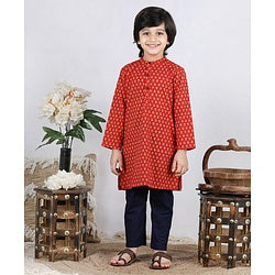 Babyhug Full Sleeves Kurta Pyjama Set Buti Print - Rust Navy