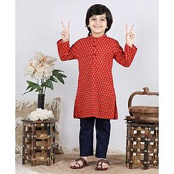 Babyhug Full Sleeves Kurta Pyjama Set Buti Print - Rust Navy