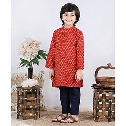 Babyhug Full Sleeves Kurta Pyjama Set Buti Print - Rust Navy