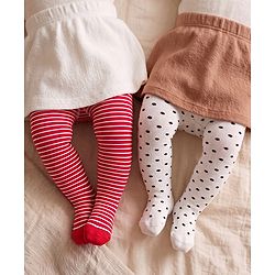 Cute Walk by Babyhug Cotton Striped Antibacterial Footed Tights - Red