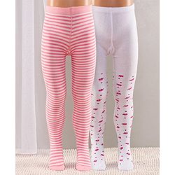 Cute Walk by Babyhug Full Length Anti-Bacterial Striped Tights Roses Design Pack of 2 - Pink White