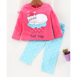 Babyhug Full Sleeves Night Suit Cat Print - Pink