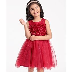 Babyhug Sleeveless Party Wear Frock with 3D Flowers on Yoke - Red