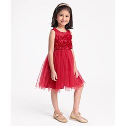 Babyhug Sleeveless Party Wear Frock with 3D Flowers on Yoke - Red